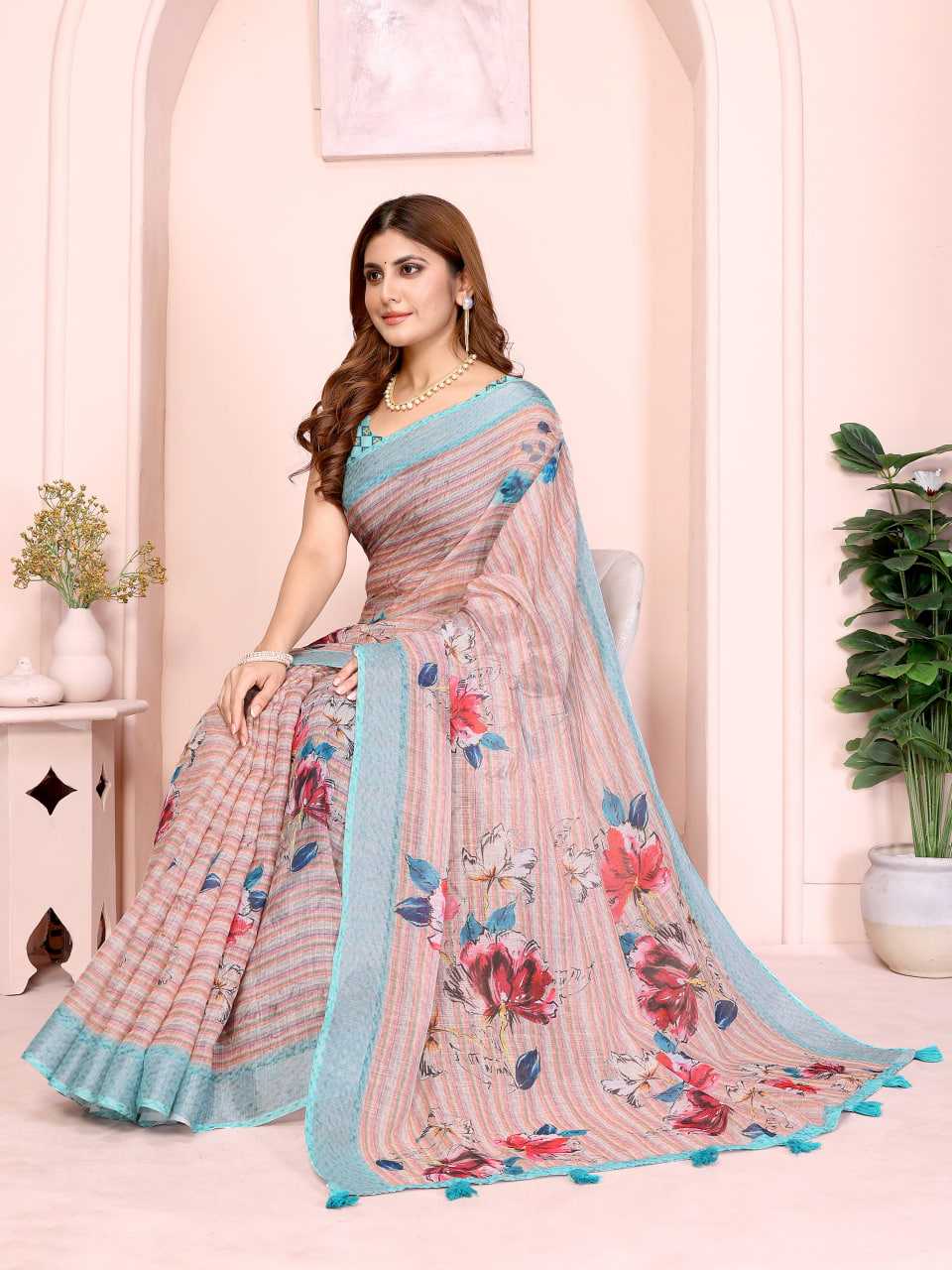Printed Sarees - Cotton Linen Sarees BM54