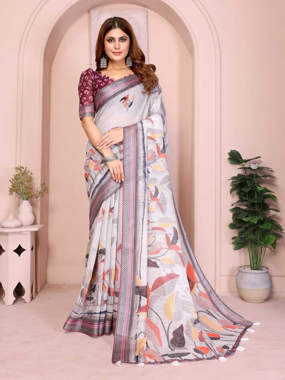Printed Sarees - Cotton Linen Sarees BM53