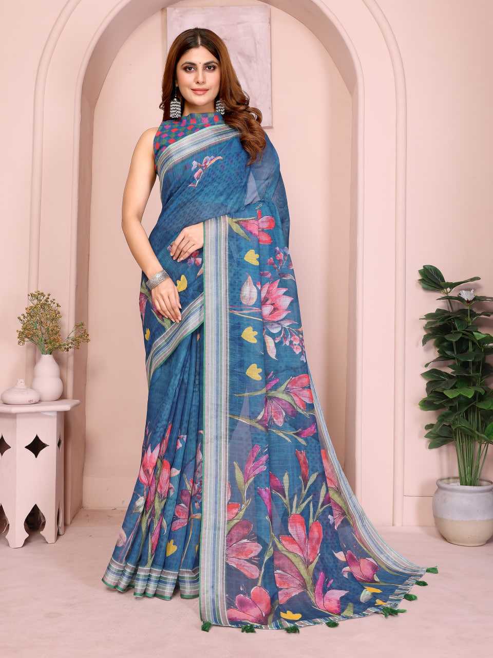 Printed Sarees - Cotton Linen Sarees BM51
