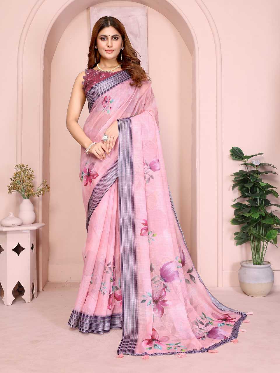 Printed Sarees - Cotton Linen Sarees BM49