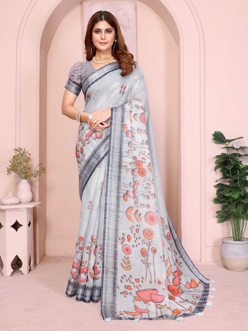 Printed Sarees - Cotton Linen Sarees BM50