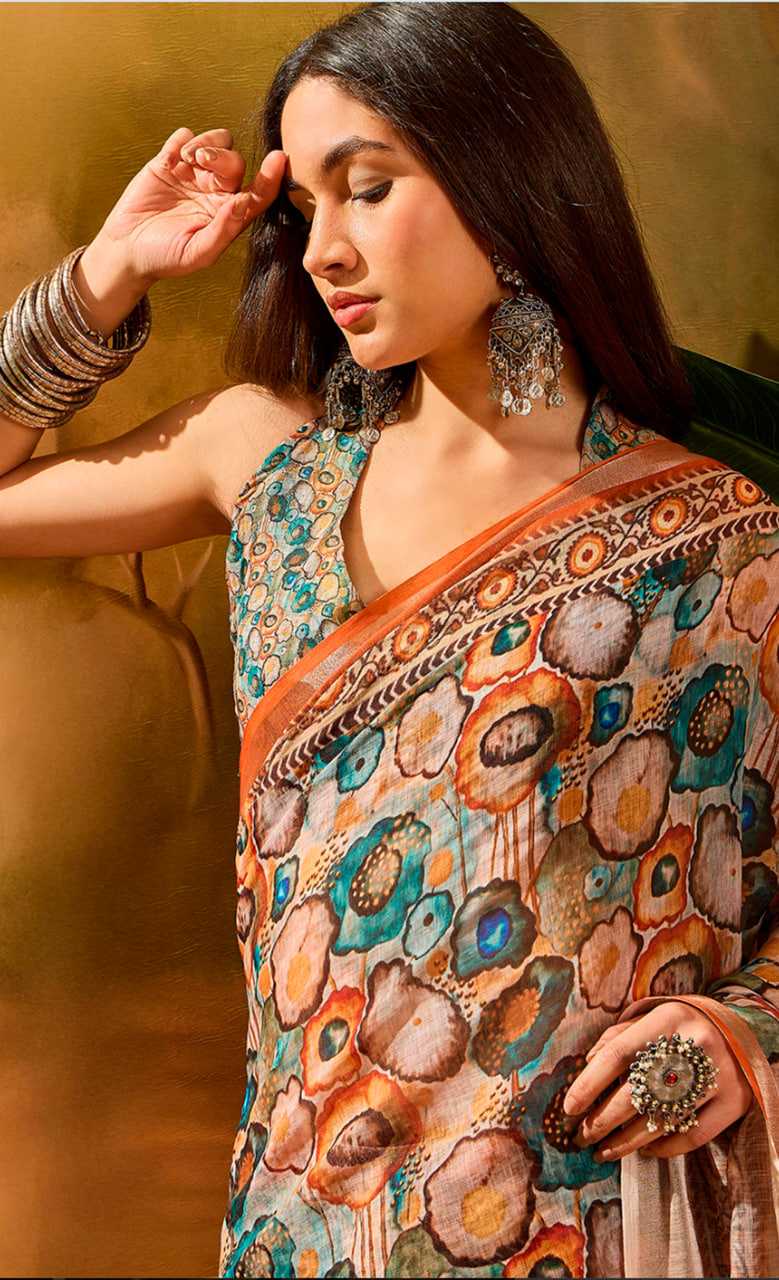 Printed Sarees - Cotton Linen Sarees BM48